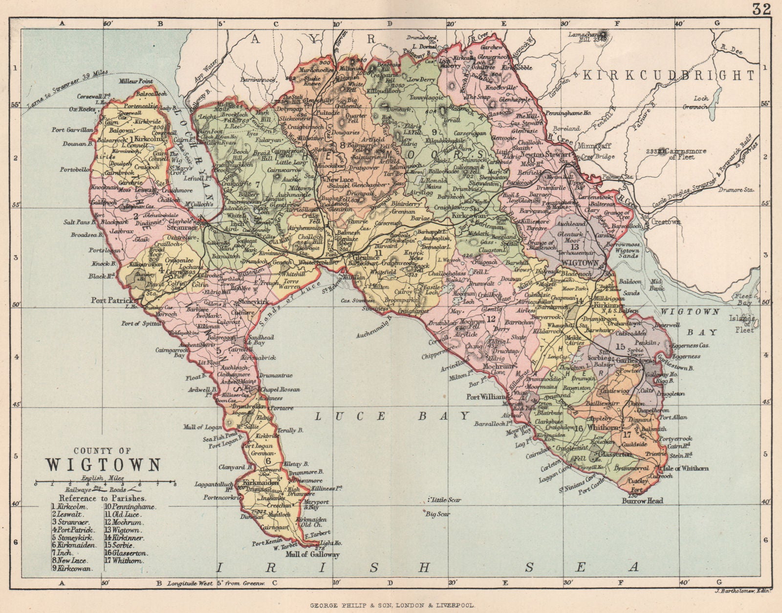 'County of Wigtown'. Wigtownshire. Parishes. BARTHOLOMEW 1891 old antique map
